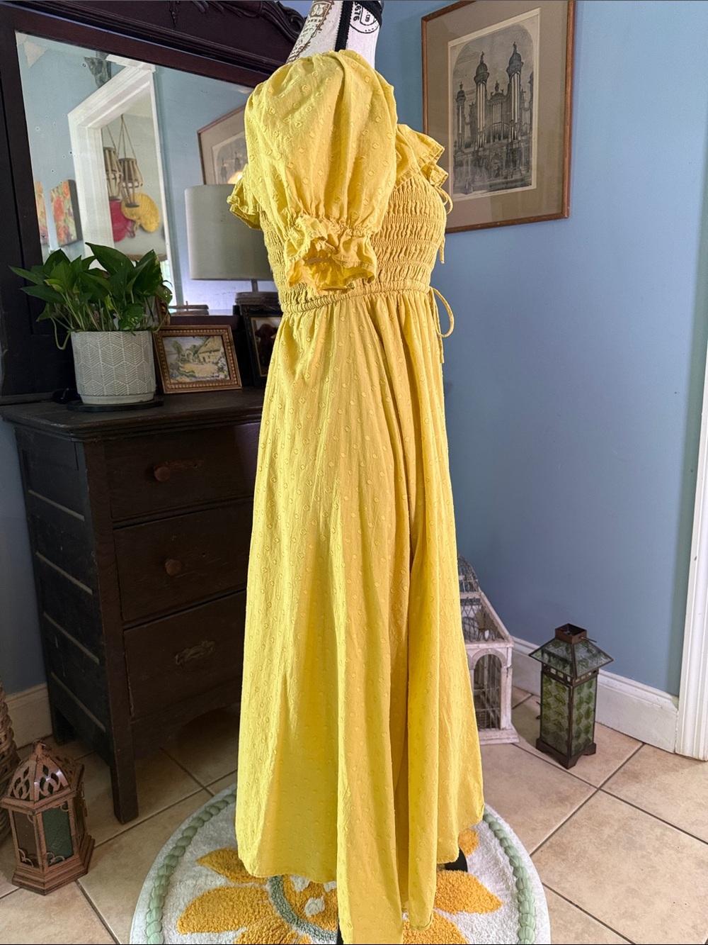 R. Yiposha Yellow Chartreuse Swiss Dot Smocked Puff Sleeve Off Shoulder Dress - Picture 4 of 13